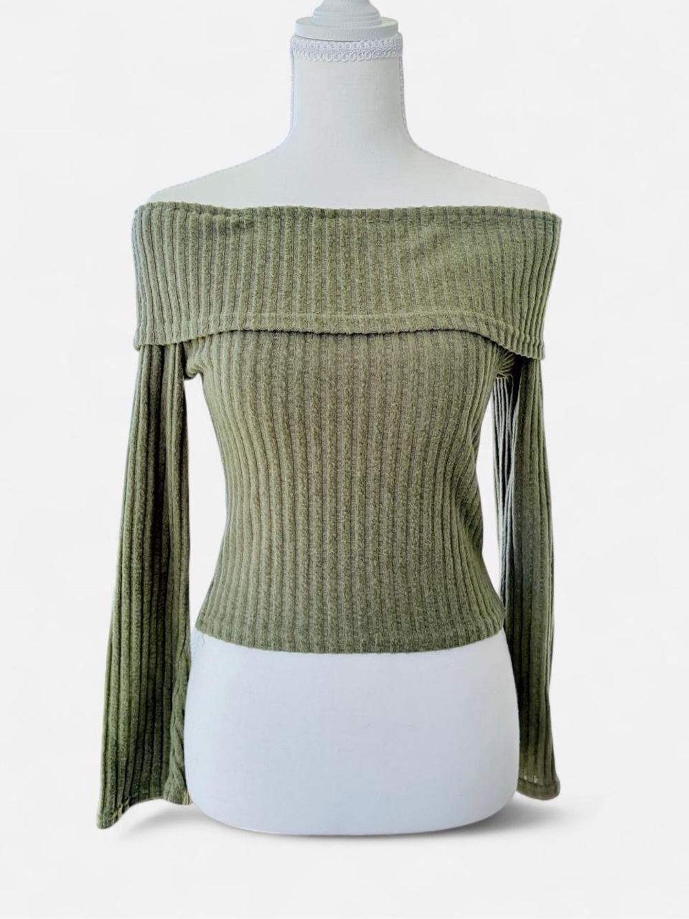 Cider Olive Green Off Shoulder Ribbed Bell Sleeve Knit Top Small